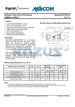 MA4AGFCP910 datasheet - AlGaAs Flip-Chip PIN Diode 100MHz to 50GHz