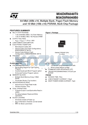 M36D0R6040B0ZAI datasheet - 64 Mbit (4Mb x16, Multiple Bank, Page) Flash Memory and 16 Mbit (1Mb x16) PSRAM, Multi-Chip Package