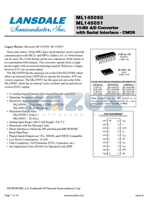 MC145050P datasheet - 10-Bit A/D Converter with Serial Interface - CMOS