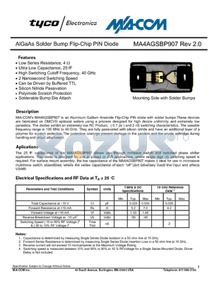 MA4AGSBP907-T datasheet - AlGaAs Solder Bump Flip-Chip PIN Diode