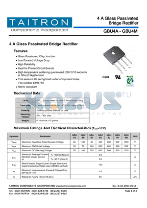 GBU4B datasheet - 4 A Glass Passivated Bridge Rectifier