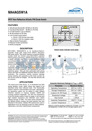 MA4AGSW1A datasheet - SPST Non-Reflective AlGaAs PIN Diode Switch