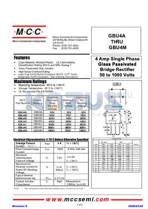 GBU4B datasheet - 4 Amp Single Phase Glass Passivated Bridge Rectifier 50 to 1000 Volts
