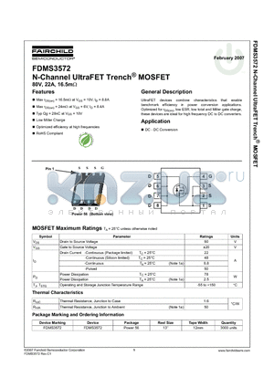 FDMS3572_07 datasheet - N-Channel UltraFET Trench^ MOSFET 80V, 22A, 16.5m