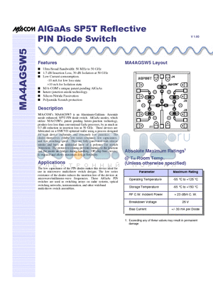 MA4AGSW5 datasheet - AlGaAs SP5T Reflective PIN Diode Switch