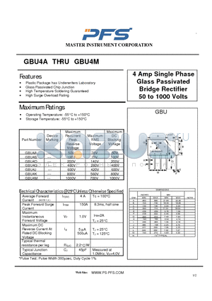 GBU4D datasheet - 4 Amp Single Phase Glass Passivated Bridge Rectifier 50 to 1000 Volts