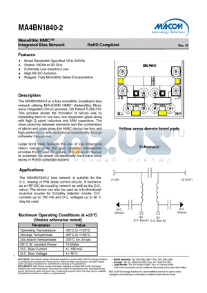 MA4BN1840-2 datasheet - Monolithic HMIC Integrated Bias Network RoHS Compliant