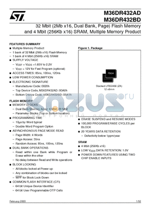 M36DR432BD85ZA6T datasheet - 32 Mbit 2Mb x16, Dual Bank, Page Flash Memory and 4 Mbit 256Kb x16 SRAM, Multiple Memory Product