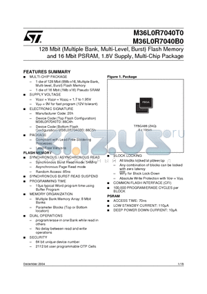 M36L0R7040B0ZAQF datasheet - 128 Mbit (Multiple Bank, Multi-Level, Burst) Flash Memory and 16 Mbit PSRAM, 1.8V Supply, Multi-Chip Package