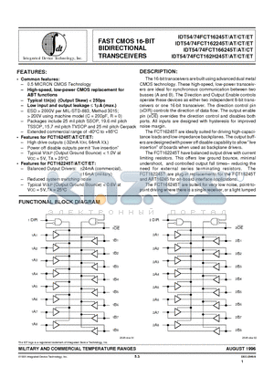 IDT54FCT162245CTPVB datasheet - FAST CMOS 16-BIT BIDIRECTIONAL TRANSCEIVERS