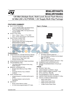 M36L0R7050B0 datasheet - 128 Mbit (Multiple Bank, Multi-Level, Burst) Flash Memory 32 Mbit (2M x16) PSRAM, 1.8V Supply Multi-Chip Package