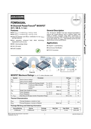 FDMS8320L datasheet - N-Channel PowerTrench^ MOSFET 40 V, 100 A, 1.1 mY