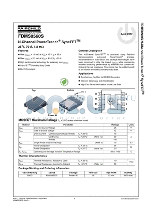 FDMS8560S datasheet - N-Channel PowerTrench^ SyncFETTM 25 V, 70 A, 1.8 mY