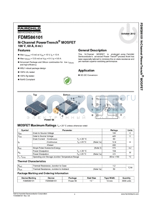 FDMS86101_12 datasheet - N-Channel PowerTrench^ MOSFET 100 V, 60 A, 8 mY