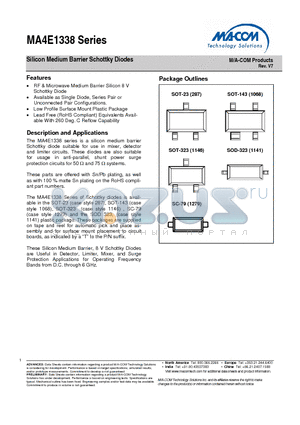 MA4E1338 datasheet - Silicon Medium Barrier Schottky Diodes