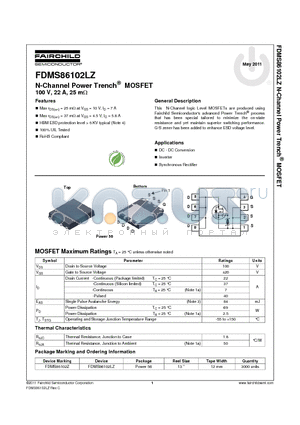 FDMS86102LZ datasheet - N-Channel Power Trench^ MOSFET 100 V, 22 A, 25 mY