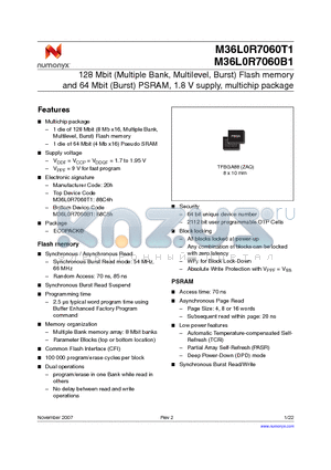 M36L0R7060B1ZAQF datasheet - 128 Mbit (Multiple Bank, Multilevel, Burst) Flash memory and 64 Mbit (Burst) PSRAM, 1.8 V supply, multichip package