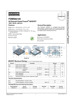FDMS86150 datasheet - N-Channel PowerTrench^ MOSFET 100 V, 60 A, 4.85 mY