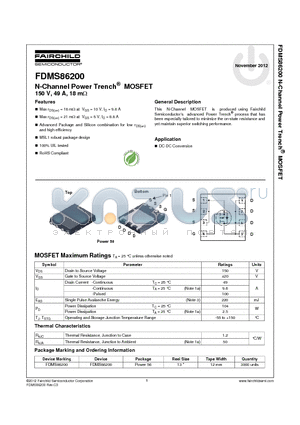 FDMS86200 datasheet - N-Channel Power Trench^ MOSFET 150 V, 49 A, 18 mY