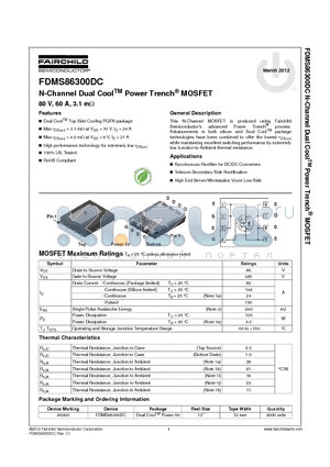 FDMS86300DC datasheet - N-Channel Dual CoolTM Power Trench^ MOSFET 80 V, 60 A, 3.1 mY