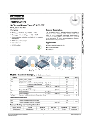 FDMS86520L datasheet - N-Channel PowerTrench^ MOSFET 60 V, 22 A, 8.2 mY