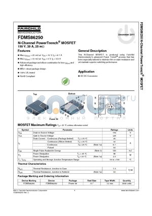FDMS86250 datasheet - N-Channel PowerTrench^ MOSFET 150 V, 20 A, 25 mY