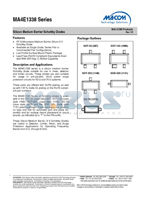 MA4E1338A1-287T datasheet - Silicon Medium Barrier Schottky Diodes