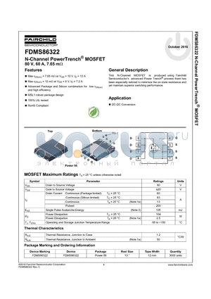 FDMS86322 datasheet - N-Channel PowerTrench^ MOSFET 80 V, 60 A, 7.65 m