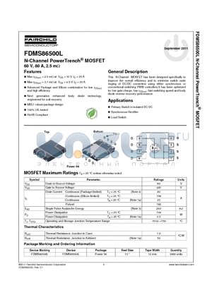 FDMS86500L datasheet - N-Channel PowerTrench^ MOSFET 60 V, 80 A, 2.5 mY