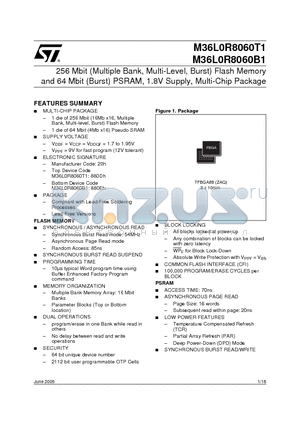 M36L0R8060T1 datasheet - 256 Mbit (Multiple Bank, Multi-Level, Burst) Flash Memory and 64 Mbit (Burst) PSRAM, 1.8V Supply, Multi-Chip Package