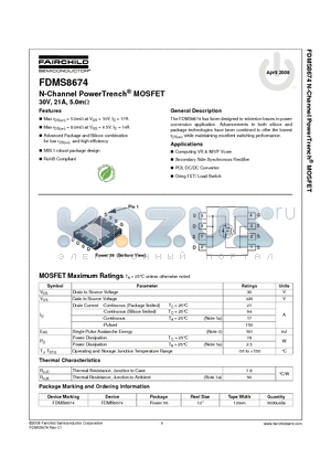 FDMS8674_08 datasheet - N-Channel PowerTrench^ MOSFET 30V, 21A, 5.0mY
