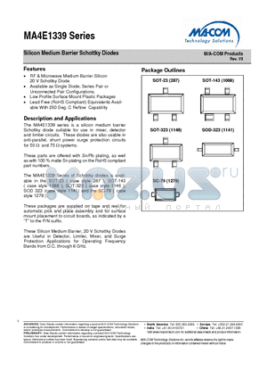 MA4E1339A1-1141T datasheet - Silicon Medium Barrier Schottky Diodes