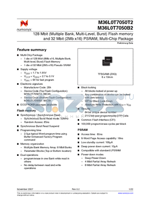 M36L0T7050T2 datasheet - 128 Mbit (Multiple Bank, Multi-Level, Burst) Flash memory and 32 Mbit (2Mb x16) PSRAM, Multi-Chip Package