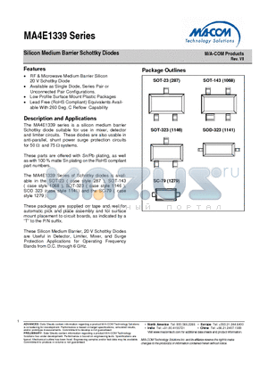 MA4E1339B1-287T datasheet - Silicon Medium Barrier Schottky Diodes