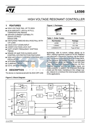 L6598 datasheet - HIGH VOLTAGE RESONANT CONTROLLER