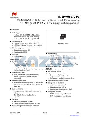 M36P0R8070E0ZACF datasheet - 256 Mbit (x16, multiple bank, multilevel, burst) Flash memory 128 Mbit (burst) PSRAM, 1.8 V supply, multichip package