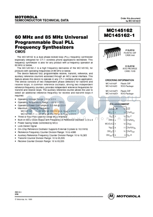 MC145162D1 datasheet - 60MHZ AND 85 MHZ UNIVERSAL PROGRAMMABLE DUAL PLL FREQUENCY SYNTHESIZERS