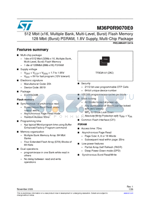 M36P0R9070E0ZAC datasheet - 512 Mbit (x16, Multiple Bank, Multi-Level, Burst) Flash Memory 128 Mbit (Burst) PSRAM, 1.8V Supply, Multi-Chip Package