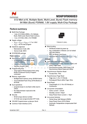 M36P0R9060E0ZACE datasheet - 512 Mbit (x16, Multiple Bank, Multi-Level, Burst) Flash memory 64 Mbit (Burst) PSRAM, 1.8V supply, Multi-Chip Package