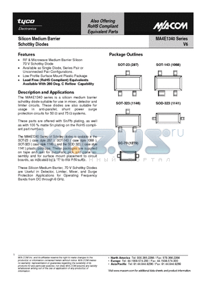 MA4E1340E1-1068TSOT-143 datasheet - Silicon Medium Barrier Schottky Diodes