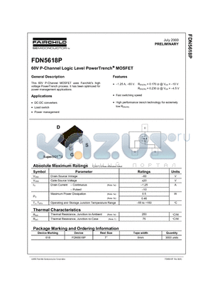 FDN5618P datasheet - 60V P-Channel Logic Level PowerTrench MOSFET