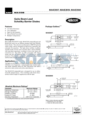 MA4E2040 datasheet - GaAs Beam Lead Schottky Barrier Diodes