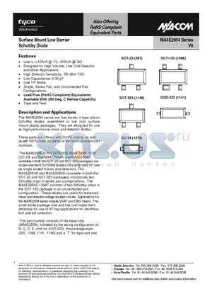 MA4E2054A-287T datasheet - Surface Mount Low Barrier Schottky Diode