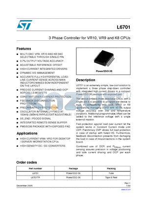 L6701TR datasheet - 3 Phase Controller for VR10, VR9 and K8 CPUs