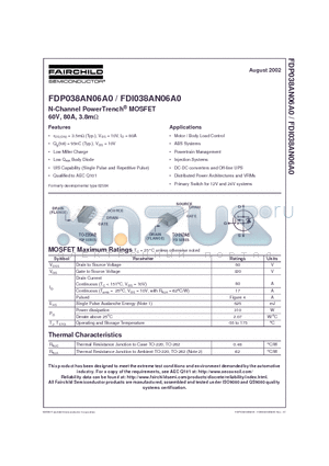FDP038AN06A0 datasheet - N-Channel PowerTrench MOSFET 60V, 80A, 3.8m