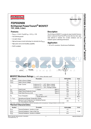 FDP032N08_12 datasheet - N-Channel PowerTrench^ MOSFET 75V, 235A, 3.2mY