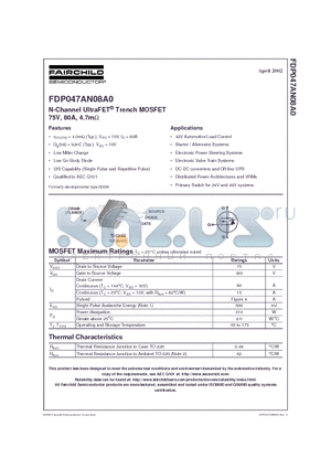 FDP047AN08 datasheet - N-Channel UltraFET Trench MOSFET 75V, 80A, 4.7m
