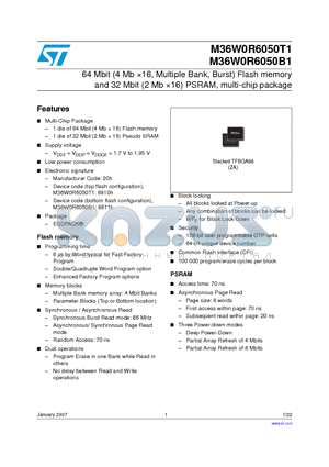 M36W0R6050T1 datasheet - 64 Mbit (4 Mb 16, Multiple Bank, Burst) Flash memory and 32 Mbit (2 Mb 16) PSRAM, multi-chip package