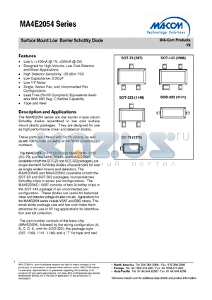 MA4E2054D1-287T datasheet - Surface Mount Low Barrier Schottky Diode