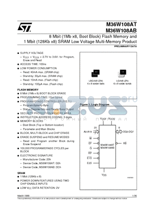 M36W108AB100ZM1T datasheet - 8 Mbit 1Mb x8, Boot Block Flash Memory and 1 Mbit 128Kb x8 SRAM Low Voltage Multi-Memory Product